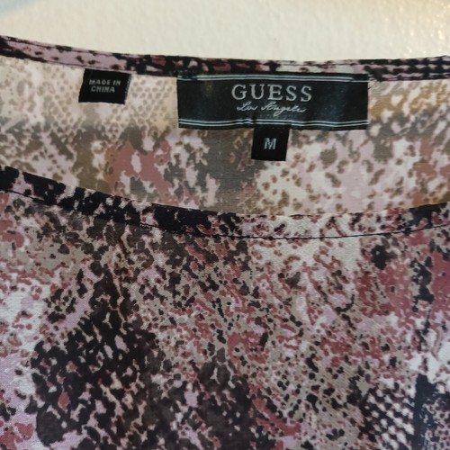 Guess Los Angeles Women Size M Sheer Blouse Animal Print Mauve Beige Cap Sleeve - Picture 4 of 8