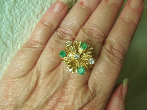 ANELLO VINTAGE 1,91 CT DIAMANTE SMERALDO ANNI 60 A GRAPPOLO DI FIORI ORO 18K 14K 7,5 - Foto 7 di 12