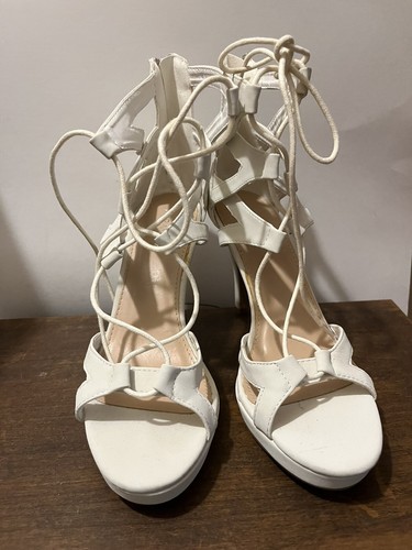 Gr. 8,5 brandneu ohne Karton TOP MODA weiße Schnür-Gladiator-Sandalen 4,5"-Absätze - Bild 2 von 10