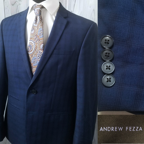 Andrew Fezza Mens Blazer 40s Blue Plaid Sport Coat Jacket Casual Jetted Pockets