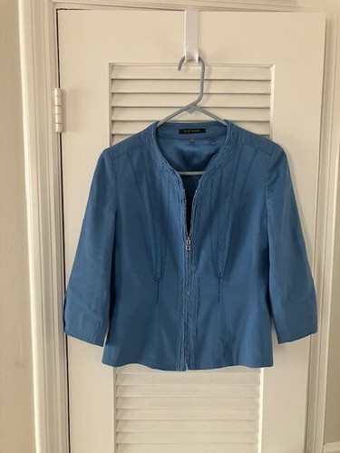 Elie Tahari Small Blue Denim Collarless Full Zip Jacket - Picture 7 of 8