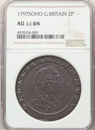 ENGLAND GEORGE III 1797-SOHO TWO PENCE COPPER COIN, CERTIFIED NGC AU-53-BN