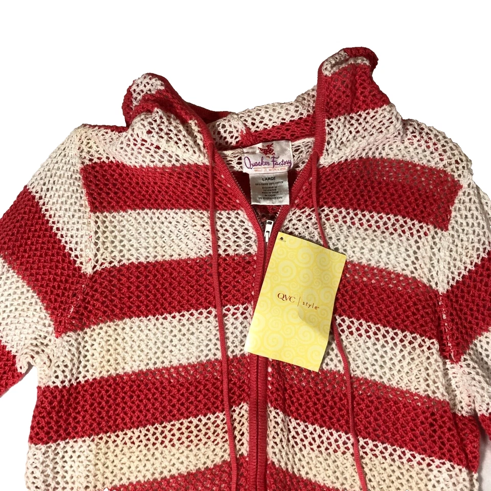 Quacker Factory Womens Hooded Jacket Size L Red White Striped Full Zip NWT - Image 2 of 4