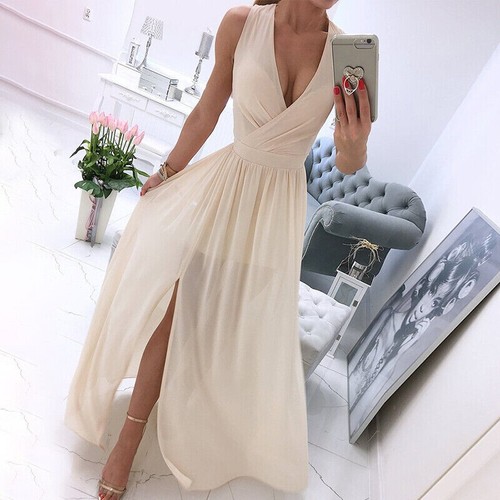 Damen Chiffon V-Ausschnitt Abend Party Kleid High SPlit Ballkleid Brautjungfernkleid - Bild 9 von 12