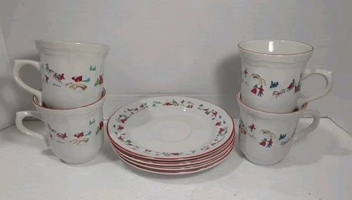 FARBERWARE WHITE CHRISTMAS VINTAGE 1995 HOLIDAY TEA CUPS & SAUCERS SET OF 4