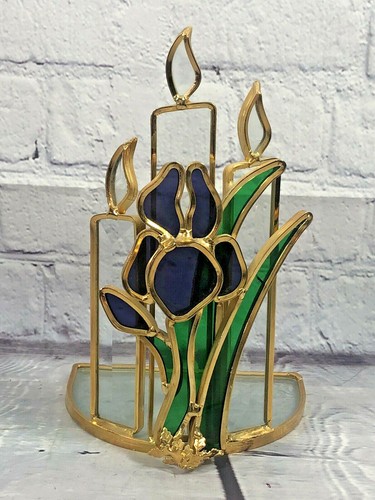 Vintage künstlergefertigtes facettiertes Buntglas goldfarben Metallarbeiten Kerzenhalter