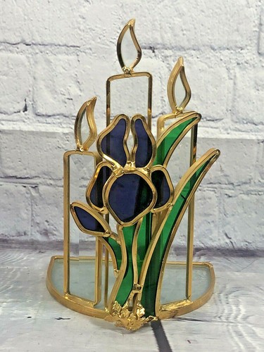 vtg artist made faceted stained glass gold tone metal works candle holder - Picture 1 of 11