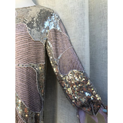 1980 Megere Light Blush Rosa Plata Cuentas Lentejuelas Manga Larga Estilo Aleta Vestido - Imagen 6 de 10