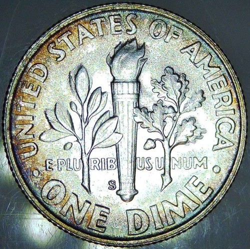 1947S Silver Roosevelt Dime - Beautiful Rainbow Toning - See Video - Bild 3 von 5