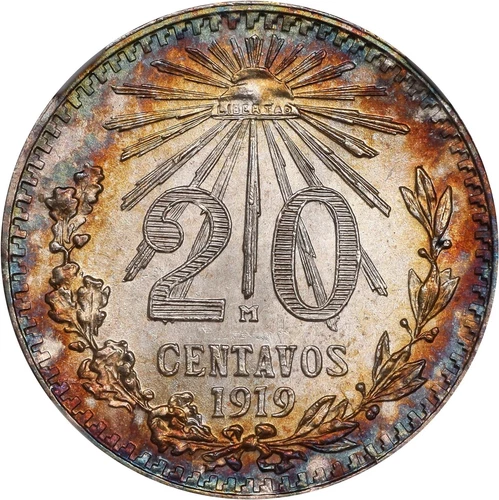 MEXICO ESTADOS UNIDOS 1919  20 CENTAVOS COIN NGC CERTIFIED GEM UNCIRCULATED MS66