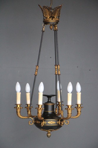 Antique Large French Empire gilt brass chandelier with 6 arms dark patinata 1930 - Picture 2 of 16