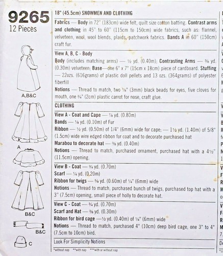 Simplicity 9265 Vintage 18" Snowmen & Clothing UNCUT Craft Sewing Pattern 90s - Picture 2 of 3
