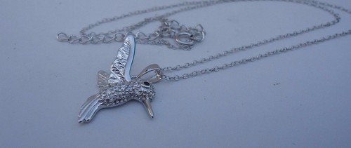 925 STERLING SILVER DESIGNERS HUMMING BIRD PENDANT NECKLACE LAB CREATED DIAMONDS - Picture 7 of 8