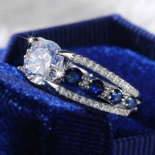 Anillo de boda estilo Art Deco creado en laboratorio diamante zafiro oro blanco de 14 k FN - Imagen 3 de 10