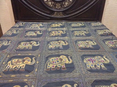 ANTIQUE VINTAGE COTTON ELEPHANT EMBROIDERED BEDSHEET BEDSPREAD,B-1 - Picture 4 of 12