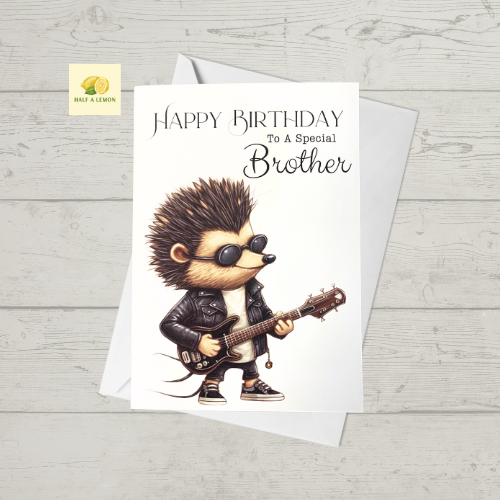 Birthday card, Brother Birthday card, Rock, Metal, Hedgehog playing a guitar, - Picture 1 of 2