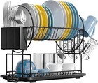 2 Tier Black Dish Drainer Rack with Drip Tray Stainless Steel Draining Dish Rack