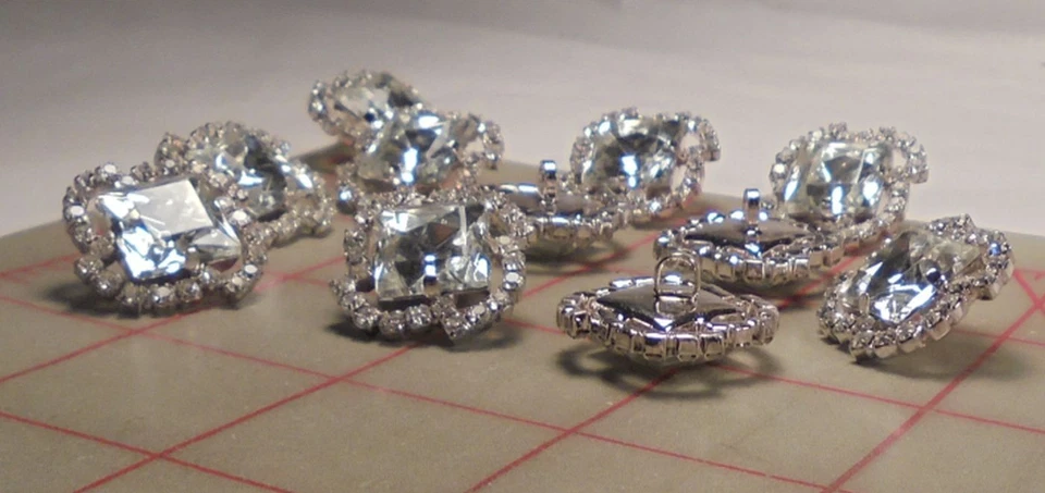 5 Lg Vntage Czech Silver Metal Shank Buttons Square Stone & Tiny Rhinestones 622 - Image 2 of 4