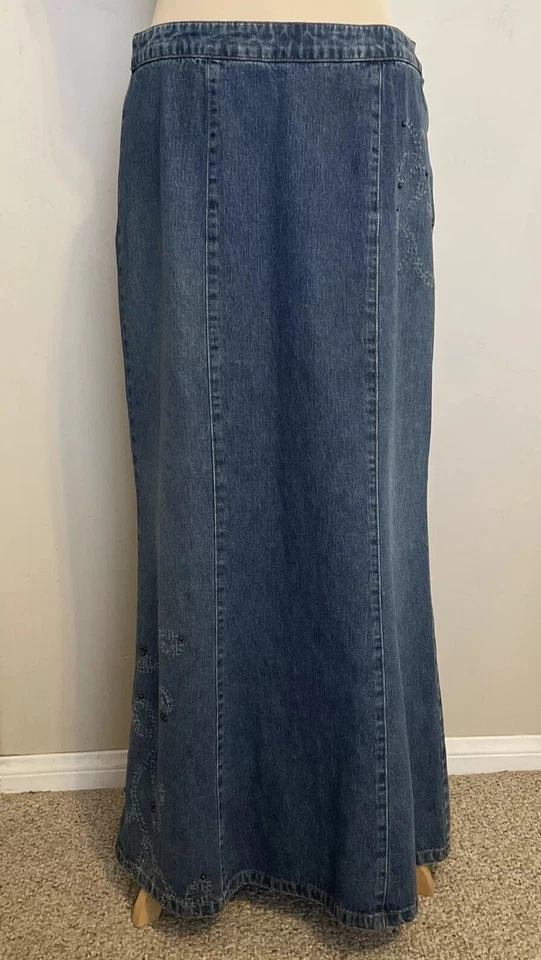 Maxi Falda Acampanada Jean Hippie Algodón Talla 10 Mediana De Colección Años 80 Denim Hasta el Suelo Foto 4 de 4