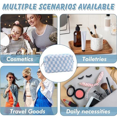 Checkered Makeup Bag for Women Small Travel Cosmetic Bag Checkered 1Pcs M Blue - Bild 4 von 7