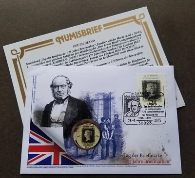 [SJ] Germany 175th Anniv Penny Black 2015 Rowland Hill FDC (coin cover) - Image 1 of 4