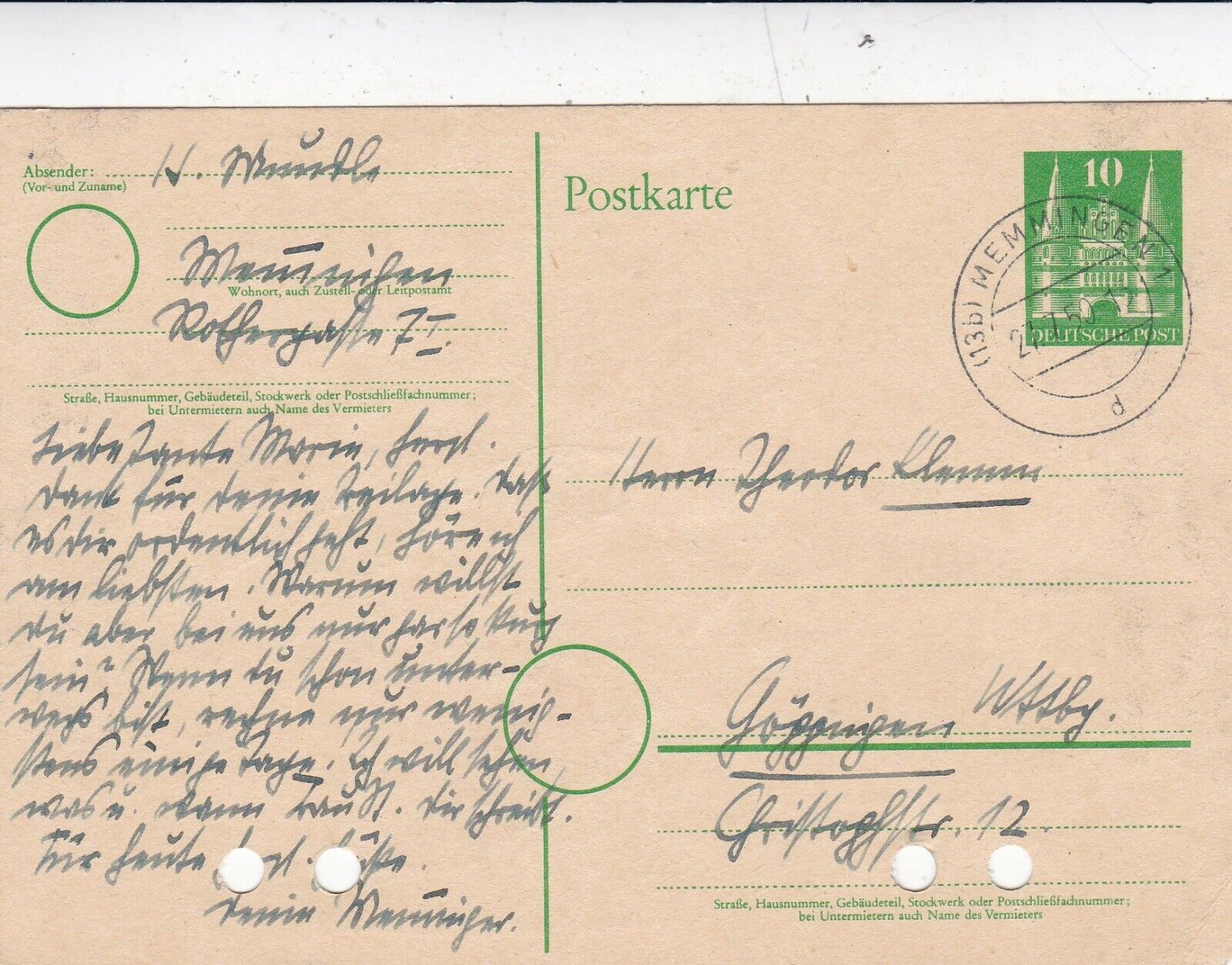 Germany 1950 10pf Memmingem-Goppingen Postal Card VGC