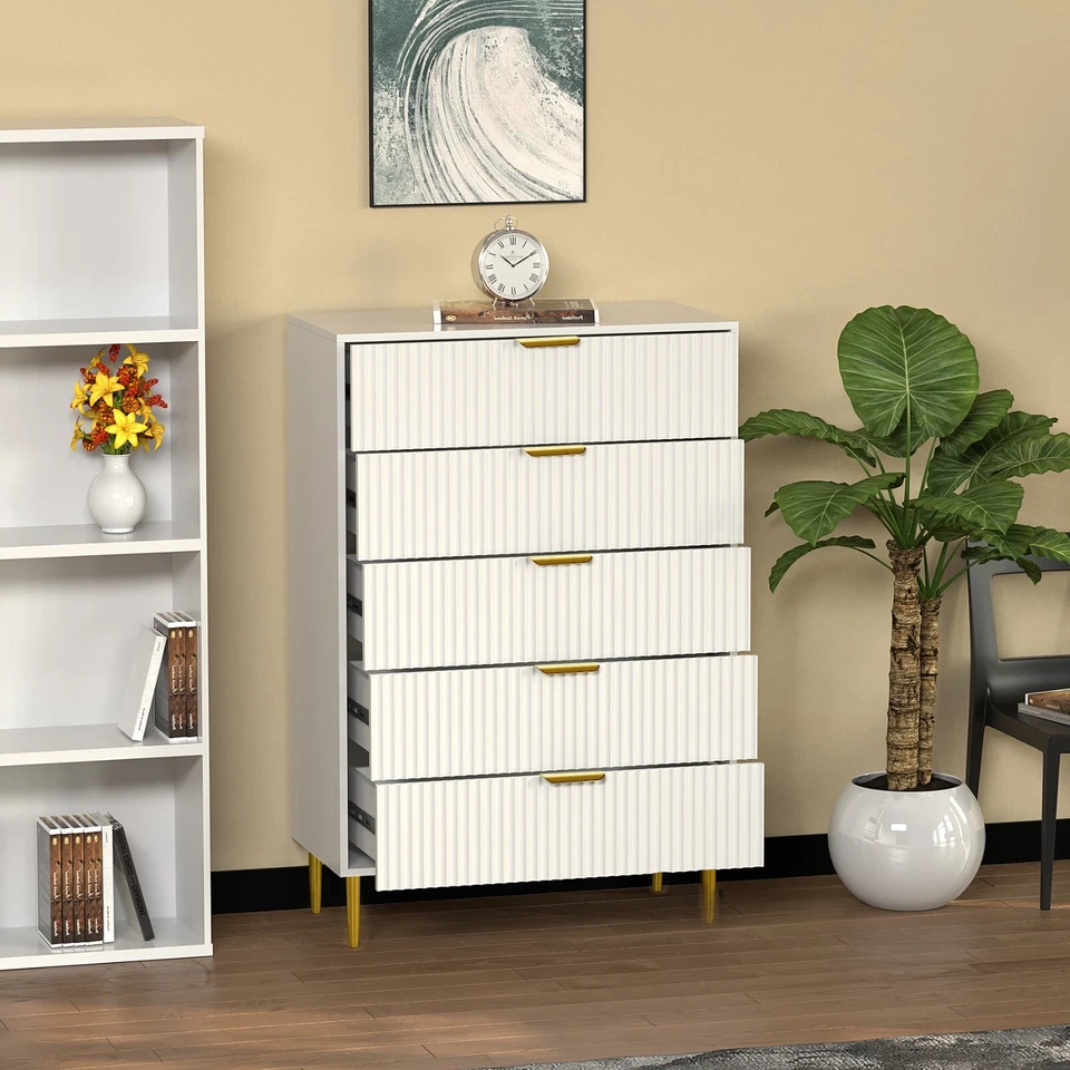 White Wooden Fluted Kitchen Bed Living room Chest of 5 Drawers Dresser Cabinet - Image 2 of 4