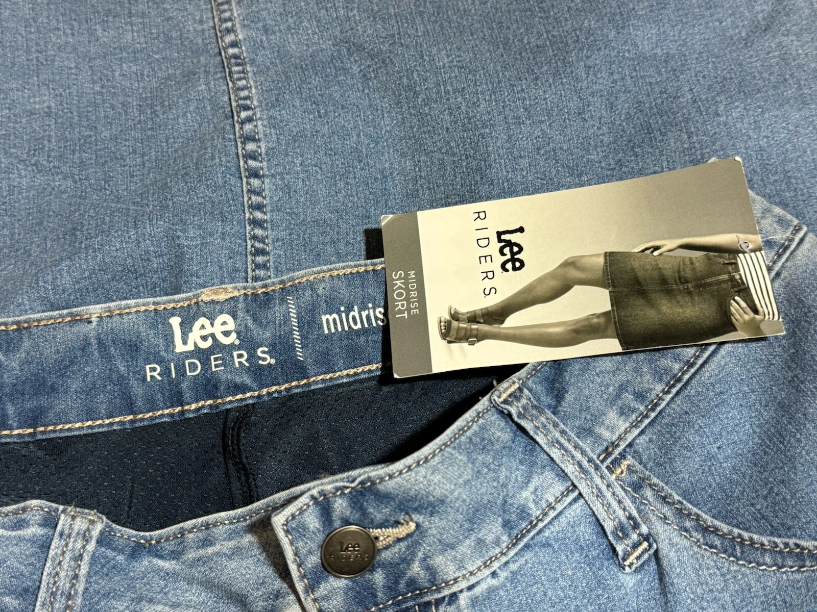 Denim Skort Skirt Size 14 Shorts Lined Medium Blue Jean Stretch Mini Riders Lee image 3
