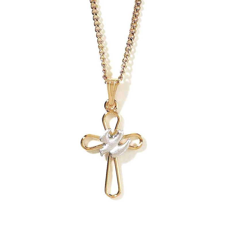 Plated Open Petal Cross With Dove Necklace