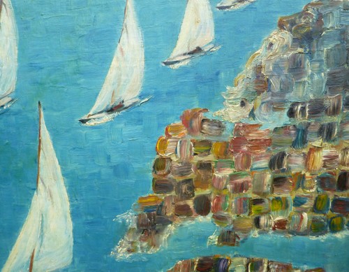 Original OIL Painting SAILBOATS Racing Along SURREAL CUBIST Coast SURREALIST - Imagen 4 de 6