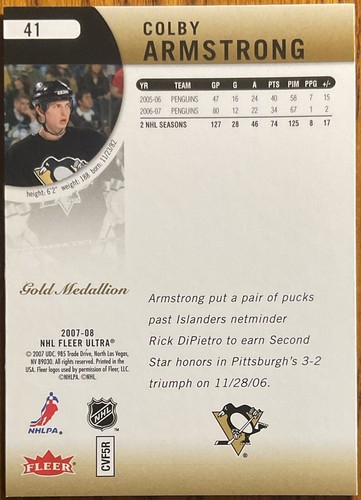 2007-08 Fleer Ultra Gold Medallion Colby Armstrong #41 Pittsburgh Penguins - Picture 2 of 2