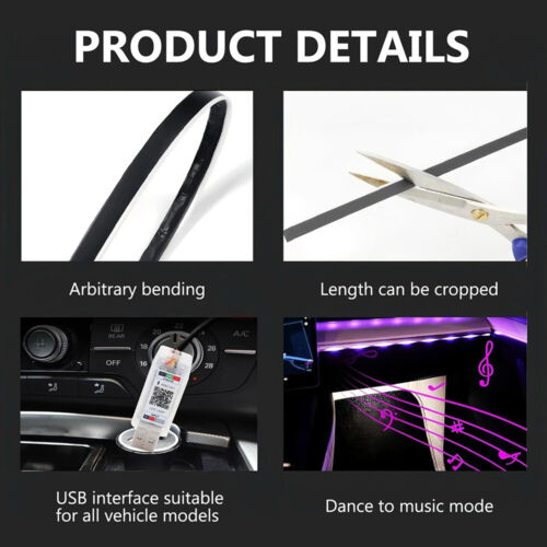 RGB LED Car Interior Strip Lights Music Fiber Optic Ambient Neon Lighting Tube - Picture 19 of 20