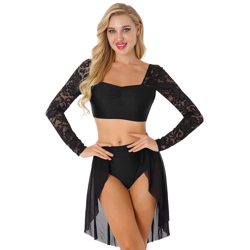 Womens Dance Costume Outfits Lace Long Sleeve Crop Top+Skirted Briefs Dancewear - Picture 3 of 94