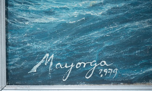 Hermosa pintura al óleo vintage de paisaje marino de Mayorga, olas finas océano, firmada - Imagen 8 de 10