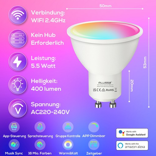 RGB LED Smart Birne WIFI Dimmbar GU10 E27 E14 Farbwechsel Alexa Google APP - Bild 14 von 17