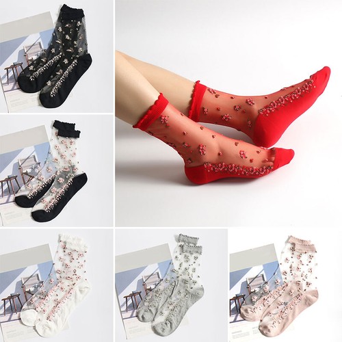 Women Ultra Thin Floral Socks Transparent Cotton Lace Elastic Sheer Ankle Socks - Picture 2 of 21