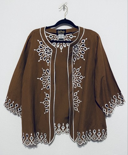 Bob Mackie Wearable Art Embroidered Open Front Jacket 3/4 Sleeves Linen Brown 1X