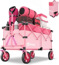 Large Capacity Heavy Duty Folding Wagon Cart With a carry-on bag for garden,Pink