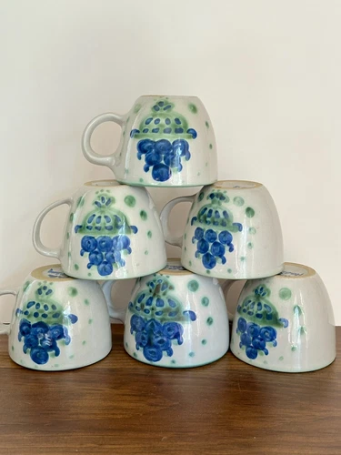 MARY HADLEY BLUEBERRY BOUQUET HAND PAINTED SET OF 6 COFFEE TEA STONEWARE MUGS