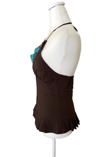 Y2K Bebe Brown Fairy Grunge Halter Top XS Chain Stone Necklace Boho Festival - Picture 6 of 11