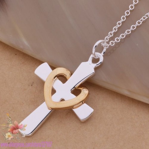 Silver Plated Crucifix Cross & Gold Heart Necklace 925 19 inches Christ God - Picture 4 of 9