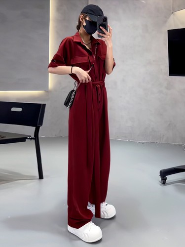 Workwear Jumpsuit Women Summer Loose Fit Slimming High Waisted Wide Leg Jumpsuit - Picture 2 of 28