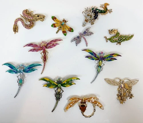 Vintage Costume Jewelry Lot Dragon and Dragonfly Pins Enamel 11 Pieces