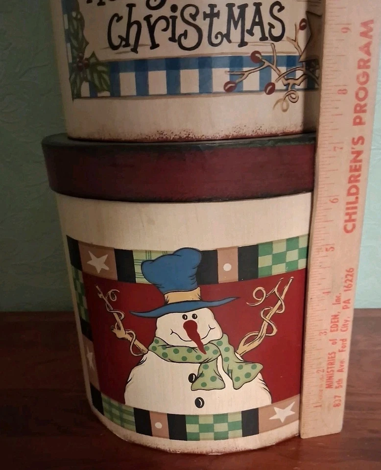 Christmas Round Nesting Stacking Storage Box Set 3 Pc Snowman Primitive NEW - Image 2 of 4