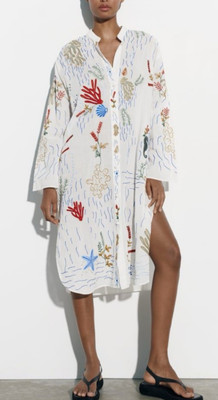 Zara Bestickte Bluse Kleid Tunika Floral Baumwolle Gr. XS - Neu
