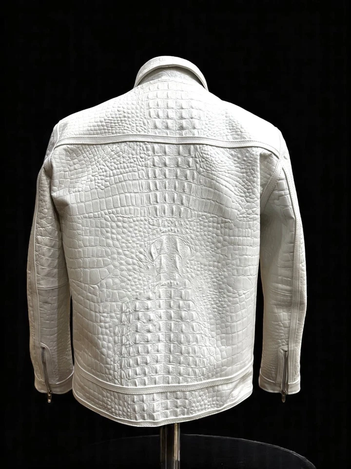 Chaqueta de cuero para hombre chaqueta de cuero de cocodrilo con patrón en relieve de cocodrilo blanco Foto 2 de 4