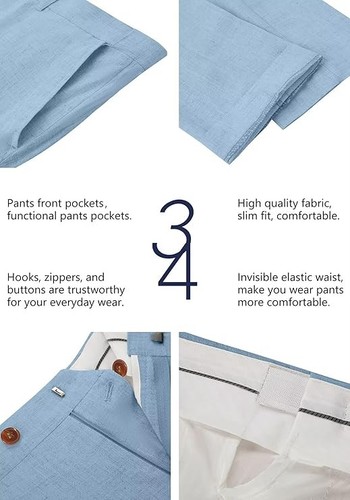 Wehilion Men's Suit Slim Fit Linen Blue 3 Piece XS 36R 30W Notch Lapel 2 Button - Picture 3 of 5