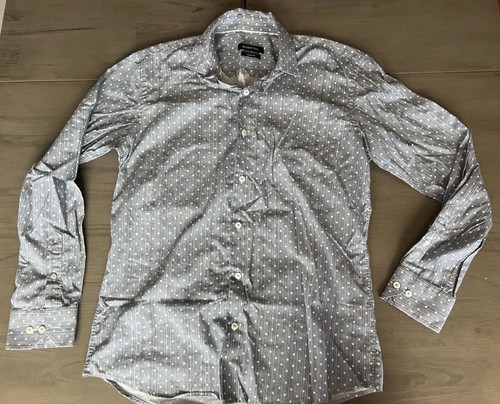 Bugatchi Uomo M Shaped Fit Dress Shirt Blue White Stripe Polka Dot Cotton Italy - Picture 1 of 8