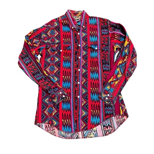 Wrangler 15.5 34 Western Shirt Aztec Cowboy Cut X Long Tails Rodeo Southwest VTG