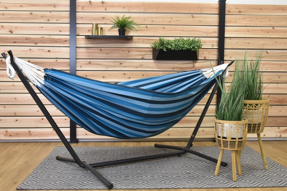 Double Cotton Hammock with Space Saving Steel Stand, Upgraded Polyester End S... - Image 2 of 4